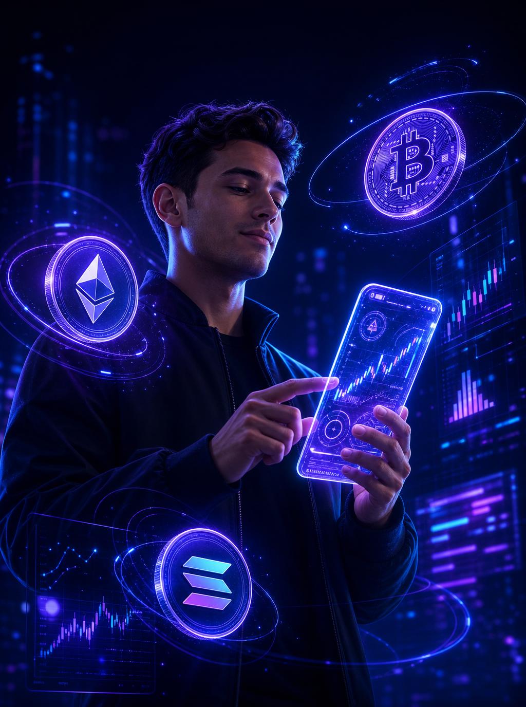 NovaX Exchange customer trading crypto on a glowing mobile app